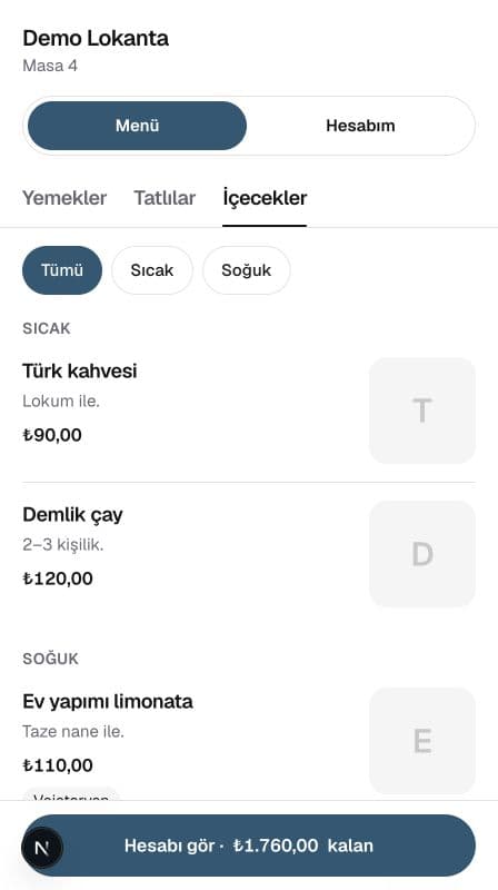 Gerçek demo menüsünde Türk kahvesi, demlik çay ve limonata